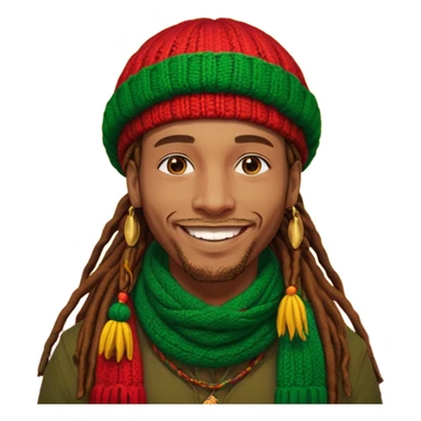 Create a powerful illustrated portrait of a smiling man with long dreadlocks, wearing a colorful red, gold, and green knitted tam. The background has jungle leaves and warm lighting. Style: vibrant digital art, modern, bold lines, reggae vibe. With a Amsterdam colour scarf around his neck sticker