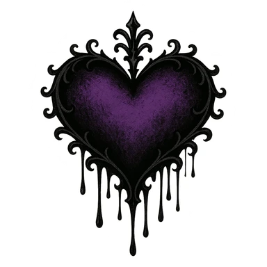 gothic style heart with dripping black ink, black and purple colors, transparent background sticker