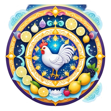 Celestial fitness mandala with magical water and lemon at center, surrounded by orbiting enchanted elements: radiant sun, glowing chicken and rice, sparkling gym weights, ethereal yogurt, twinkling fruits, and mystical sleep moon, all connected by cosmic energy flows and starry aura sticker
