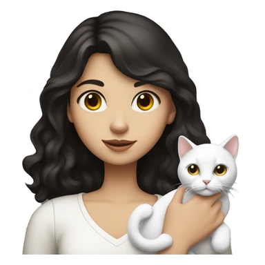 a girl with dark hair and a white cat in her hand sticker
