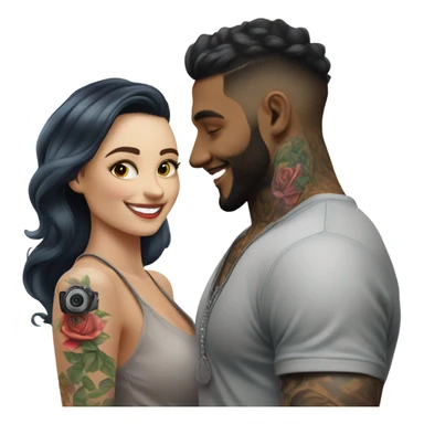 Photo Female model smiling at a very handsome tattooed man taking pictures  sticker
