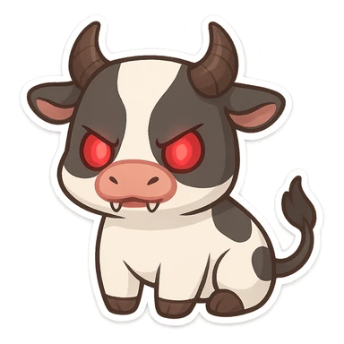 cute evil cow, chibi style, glowing red eyes, tiny fangs, adorable but menacing sticker