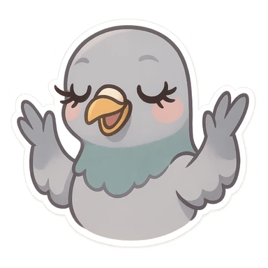 pigeon head, big lashes, hands up in a celebratory 'yasss' gesture, cartoon vibe sticker