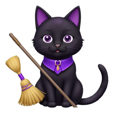 cute black cat with a broom, purple collar sticker
