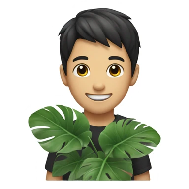 Smiling asian boy with black hair holding a monstera plant sticker