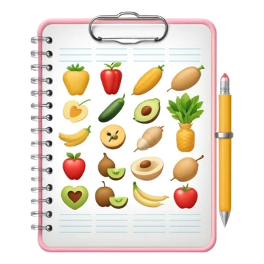Emoji of checklist notebook with healthy food icons, nutrition planning, flat minimal emoji, pastel colors sticker