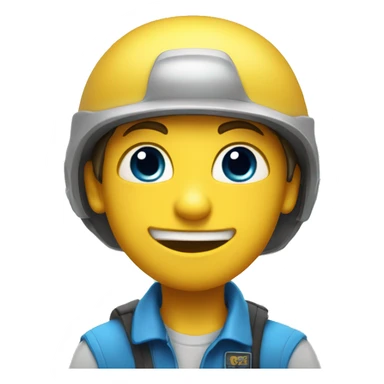 Boy with buck teeth, a blue helmet, blue eyes, a pencil in his nose, and a yellow shirt that say Jeffy sticker