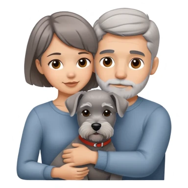 a shorthair girl with husband hugging a grey Schnauzer dog sticker