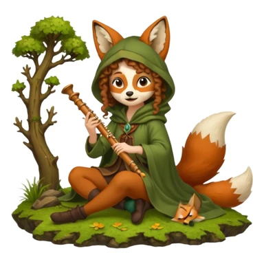 forest sticker character, woman with curly brown hair dressed as fox bard, tail cloak and ear hood, sitting on moss playing flute sticker