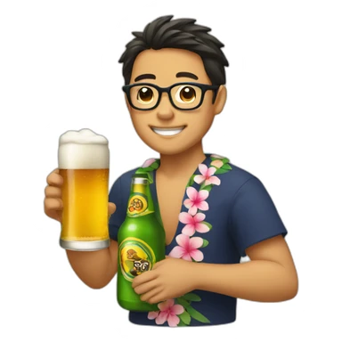 Japanese wearing glasses alohashirt is holding beer sticker
