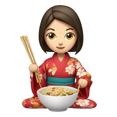 Brunette in a kimono eating noodles with chopsticks sticker