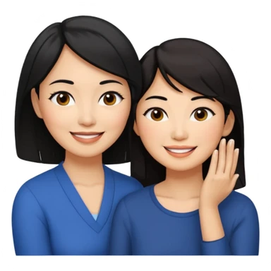 Middle aged light brown skinned woman with black hair, beside a middle aged asian woman with dark brown hair touching their cheek sticker