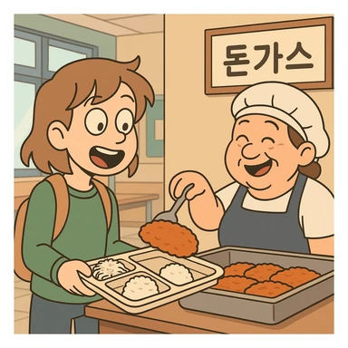 돈가스 being served in a school cafeteria, cheerful style sticker