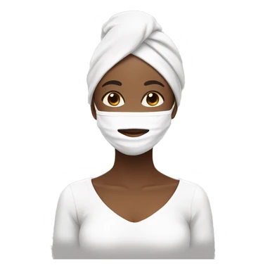 brown skin girl with white face mask in white towel with another white towel wrapped on her head closing her eyes and smiling sticker