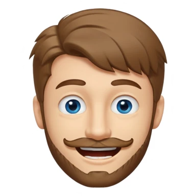 25 year old man, short scruffy beard and thin moustache, brown puffy mullet, blue eyes, big smile, white teeth, big lips, pronounced jaw, hair longer in back, sticking up on top, thin face sticker