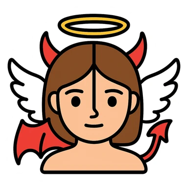 Edit this image to depict a brown-haired girl with half angel (halo, white wing) and half devil (horn, red wing) features merged into one face. Remove the background. sticker