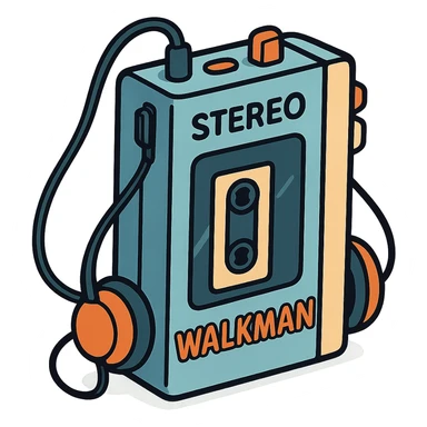 stereo walkman, playful cartoon style, exaggerated features, bright colors, thick outlines, isolated, no background sticker