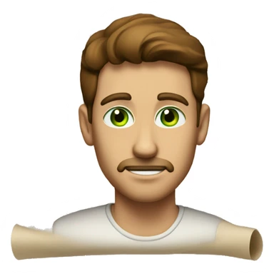 a light-skinned green-eyed man with brown hair sitting in front of the paper scroll  sticker