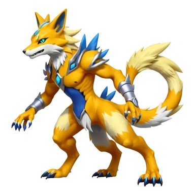 Feral Quadrupedal Digitigrade Renamon-Zeraora-Vernid-Sergal-fusion-hybrid-creature, full body  sticker