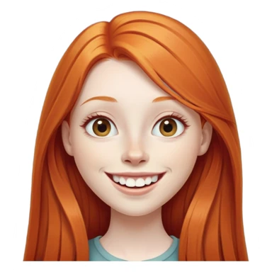 traditional emoji of young girl with very pale skin, long straight bright ginger red hair, elongated almond-shaped eyes, long nose, big smile with large prominent teeth showing, classic round face sticker
