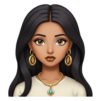 indian girl, brown skin, long black voluminous hair, brown underneath colored hair, baddie,pretty, makeup, lipliner, black eyeliner, gold hoop earrings, white top sticker