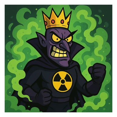 cartoonish villain with a nuclear symbol on its chest, surrounded by green radioactive smoke and a crown, looking intimidating sticker