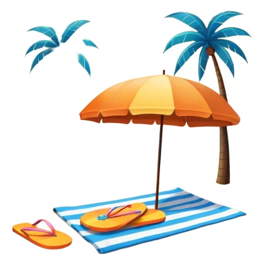 Icon for Beach Tourism: with the blue ocean, orange sunset, yellow sand beach and palm trees in the background, a sun umbrella, flip-flops, and a beach towel on the sand. The icon should represent relaxation and fun at the beach. Transparent background sticker