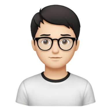 Style anchor + Young adult male American, light-medium skin, short black hair, white crew-neck tee, thin black-rim glasses, friendly neutral. sticker