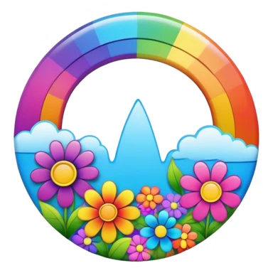 A round psychedelic colored button with a bezeled rainbow and colored hippie style flowers sticker