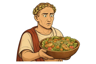 Используя такую стилистику сгенерируй Императора Цезаря, который задумчиво и удивленно держит в руках тарелку с салатом Цезарь, прозрачный фон sticker