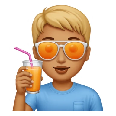 Sun is wearing sunglasses and drinking juice with stra sticker