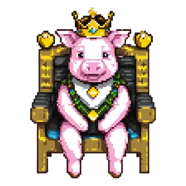 Minecraft style pig with a golden crown sitting on a throne, inspired by Technoblade sticker