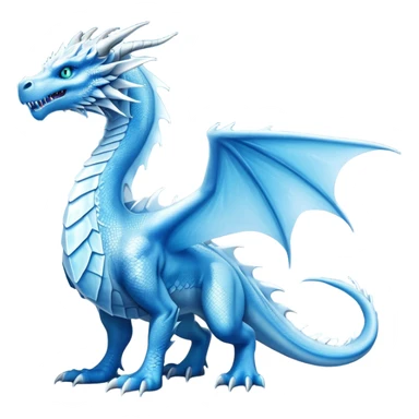 Cinematic Noble very elegant Ice Dragon full body  Emoji, Poised and imposing, distinct long elegant snout, with a slender, scaled body shimmering in glacial hues of icy blue, frostbitten silver, and crystalline white, breathing out frost, with piercing, glowing ice blue white eyes that radiate the chilling depths of an arctic storm; rendered in detail. excuding wisdom sticker