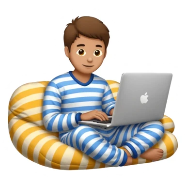 man in striped pajamas and fuzzy slippers typing on a laptop, emoji style sticker