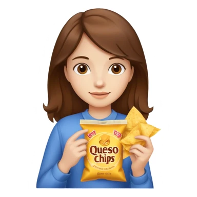 Girl with brown hair holding a bag of queso chips sticker