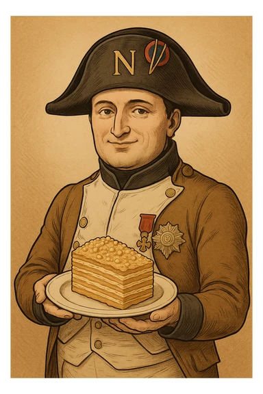 Используя такую стилистику сгенерируй Наполеона Бонапарта, который довольный держит в руках тарелку с тортом Наполеон, будто презентуя ее зрителю sticker