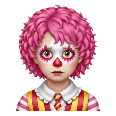 Pink curly wig.

White face paint with red nose and makeup.

Wearing a red-and-yellow striped costume with a white collar.

Wide-eyed, sad expression. sticker