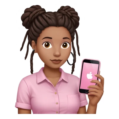 Dark brown woman with dreadlocks in bun Light pink shirt with a light pink phone in her hand sticker