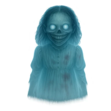 Transform the creepy girl into a ghost, make her semi-transparent, add ethereal glow and ghostly effects, keep the background transparent. sticker