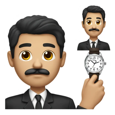 dark hair dark eye man with mustache looking at wrist watch sticker