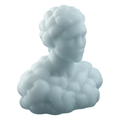 silhouette of a white person facing forward up to the shoulders, entirely made of fluffy voluminous clouds, matte glass style sticker