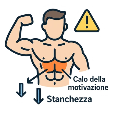 infografica in italiano, bodybuilder con zona bassa del busto evidenziata in arancione, frecce che indicano Calo della motivazione e Stanchezza, simbolo di attenzione, stile medico, sfondo bianco sticker