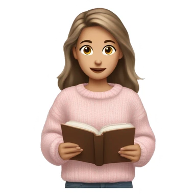 Pretty brown eyed white girl with light pink sweater reading cozy sticker