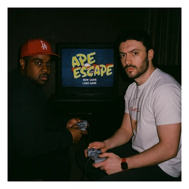 Create a 90s analog photo featuring a famous rapper (not recognizable) and the boy from the reference photo sitting in front of a CRT TV with Ape Escape on Playstation 1. The room is dark, both hold controllers, and they look at the camera with flash, creating a grunge atmosphere. sticker