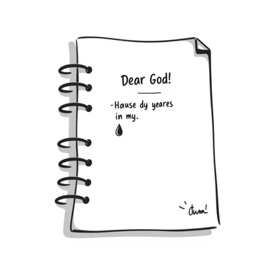 Hand-drawn notebook page with "Dear God" written at the top in a student's handwriting, looking like the start of a desperate essay sticker