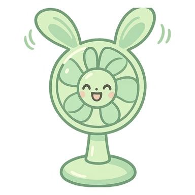 chibi electric fan shaped like a bunny, ears spinning as blades, pastel green, cheerful face, full-body sticker