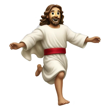 Jesus sprinting, with a large stride and arms outstretched, in a santa costume sticker