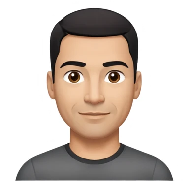 Athletic Hispanic man in his 40s-50s with light brown skin, very short black hair with low fade haircut, square face with strong jawline, thick straight eyebrows, wide straight nose, medium lips with confident smile, broad shoulders, wearing black fitted t-shirt sticker