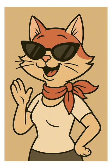 mrs. cat with sunglasses and a red scarf, cheerful expression, cartoon style sticker