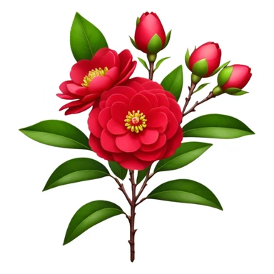 bouquet Red Camellia, luxuriant, stem, leaf, bud sticker
